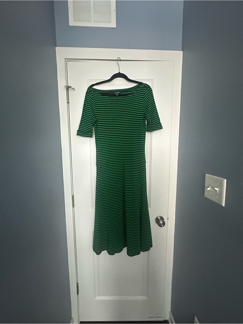 LAUREN - Ralph Lauren Green and Black Striped Women’s Midi Dress - Size M